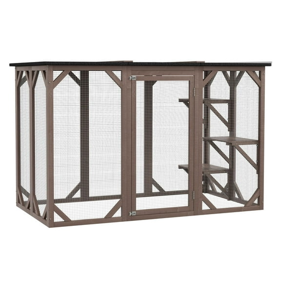 Outdoor Cat Enclosure Catio Wooden 71"x32"x44" with 3 Platforms - Weather Resistant Cat Patio - Brown