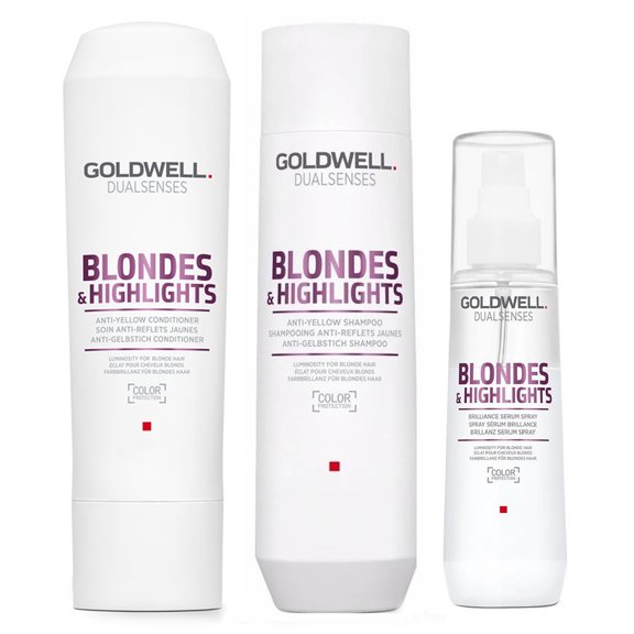 Set A , Goldwell Kit -Dualsenses Blonde and Highlights Anti-Yellow Shampoo & Conditioner & Serum Spray Hair Kit