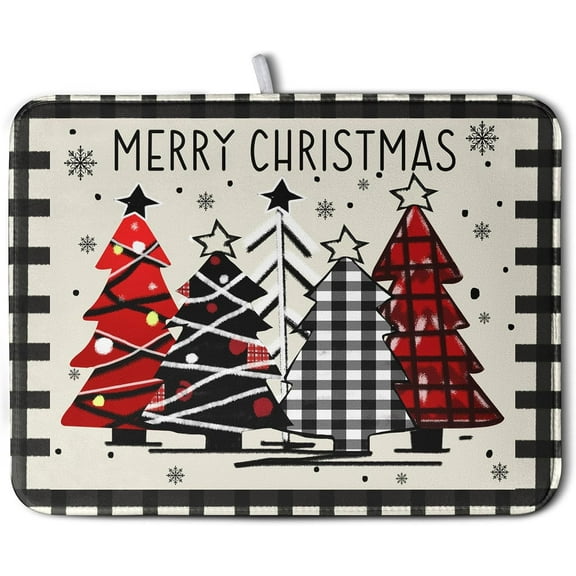 Christmas Trees Kitchen Dish Drying Mat 18x24 Inch Merry Christmas Black White Buffalo Plaid Dish Drainer Mat Absorbent Reversible Microfibe Drying Dish Pad for Winter Kitchen Counter Decor