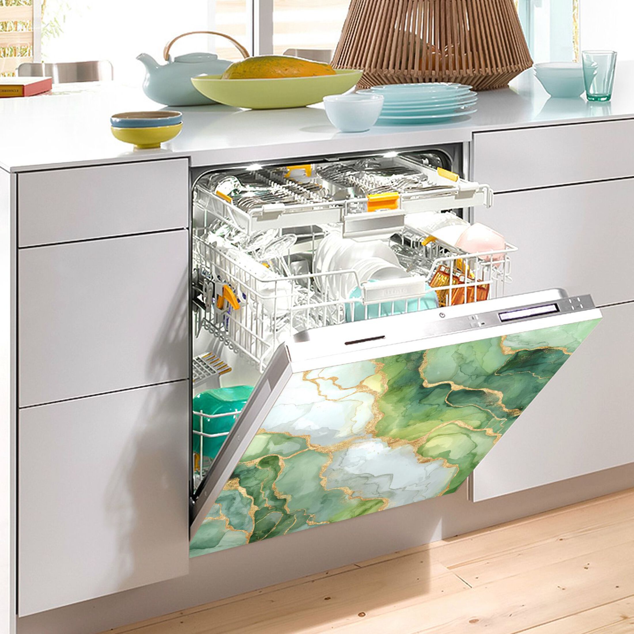 Dishwasher Magnetic Refrigerator Magnet Cover Sticker Home Decorative 23"x26" Fresh Golden-green Marble