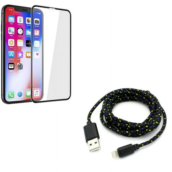 6ft USB Cable w Screen Protector for iPhone XR - Charger Cord Power Wire Braided, Tempered Glass 5D Touch Curved Edge Full Cover