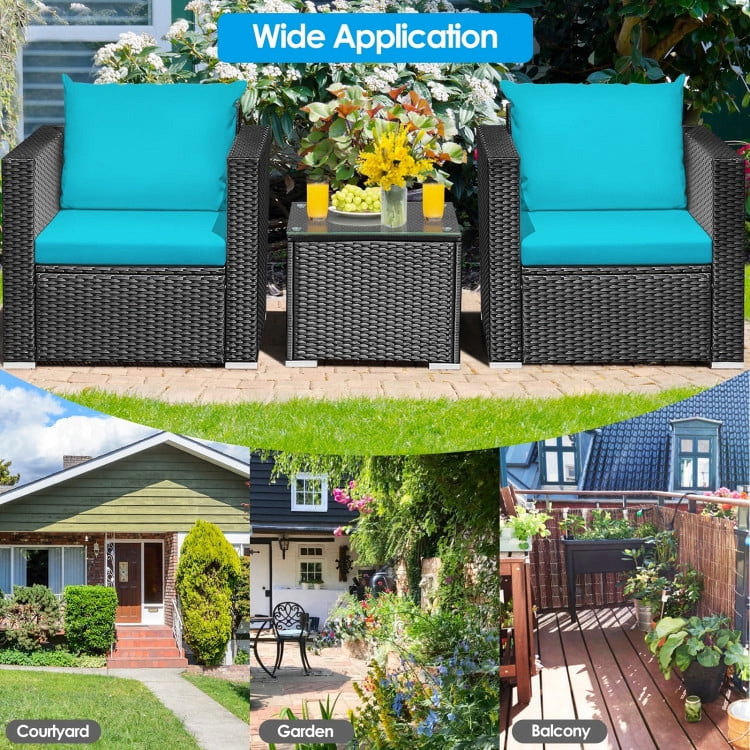 Aimee Lii 3 Pieces Patio Wicker Conversation Set with Cushion, Modern Patio Furniture, Turquoise Aimee Lii 3 Pieces Patio Wicker Conversation Set with Cushion, Modern Patio Furniture, Turquoise