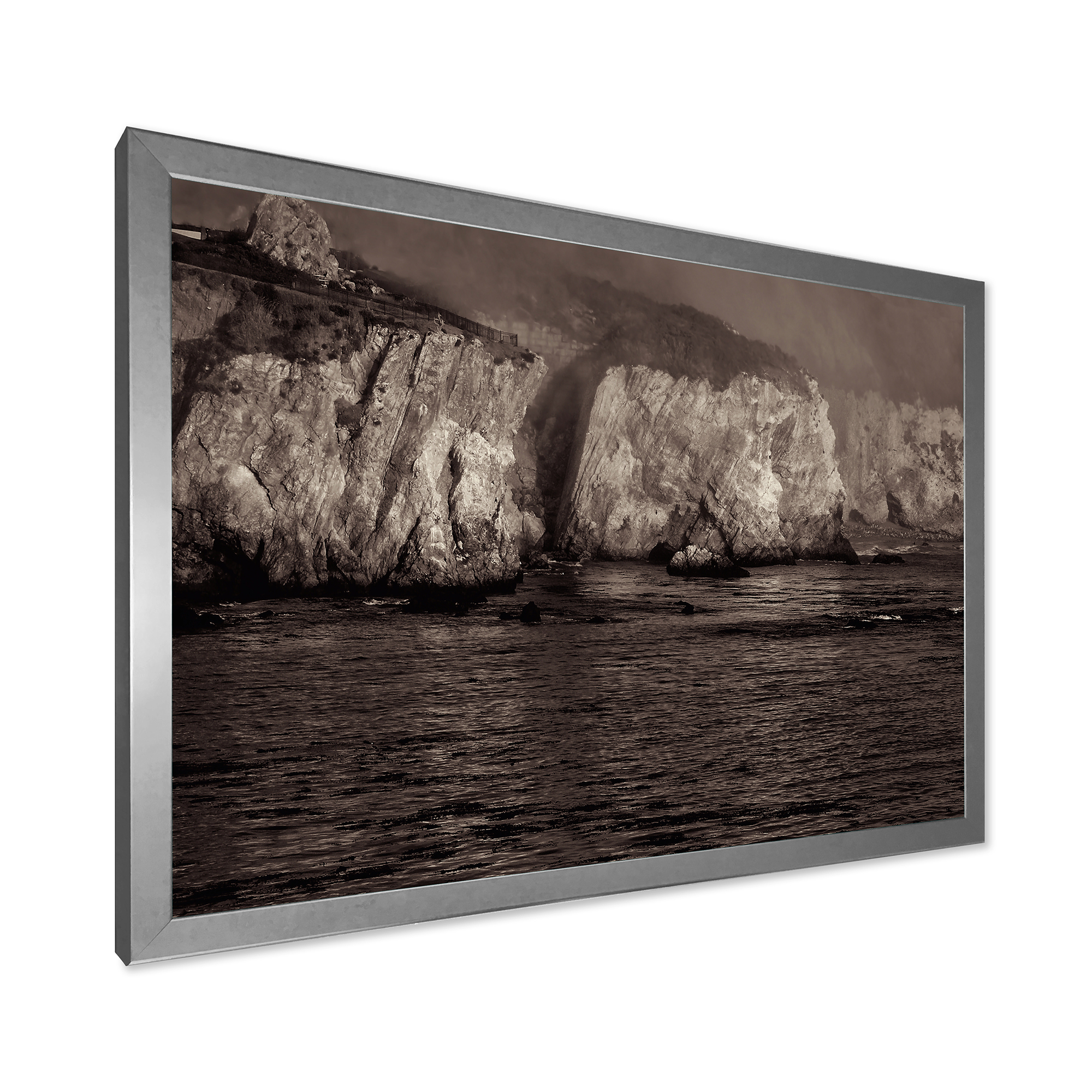 Designart 'Gold Cliffs Over Sea In The Fog' Modern Framed Art Print