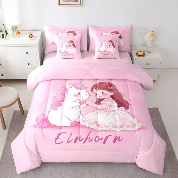 Manfei Dreamy Princess 7-Piece Twin Bedding,Cute Unicorn Bedding Comforter Set,Pink,Pink Reversible