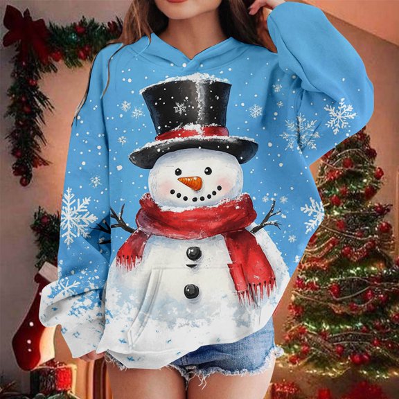 Hpapadks Hoodies for Teen Girls Girls Snowman Print Hoodie Long Sleeve Pullover Top Baby Sweatshirt Sky Blue 5-6 Years