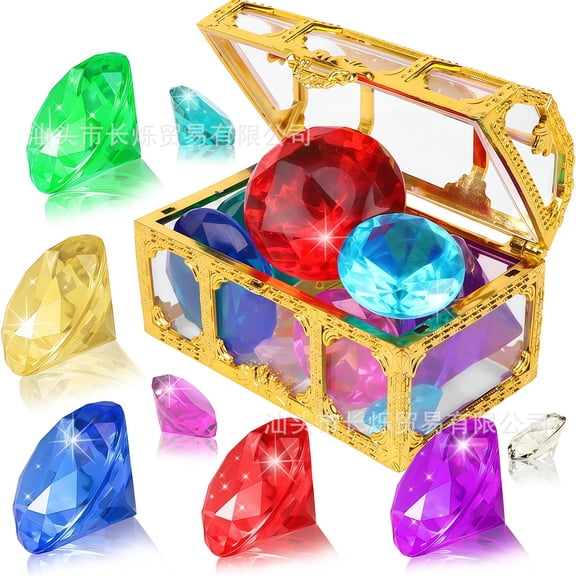 CYFW 7Pcs Kids Gemstone Toys Set with Treasure Chest - Colorful Crystal Diamond Jewelry Kit for Pool Diving, Treasure Hunts & Sensory Play - Mermaid/Pirate Party Favors