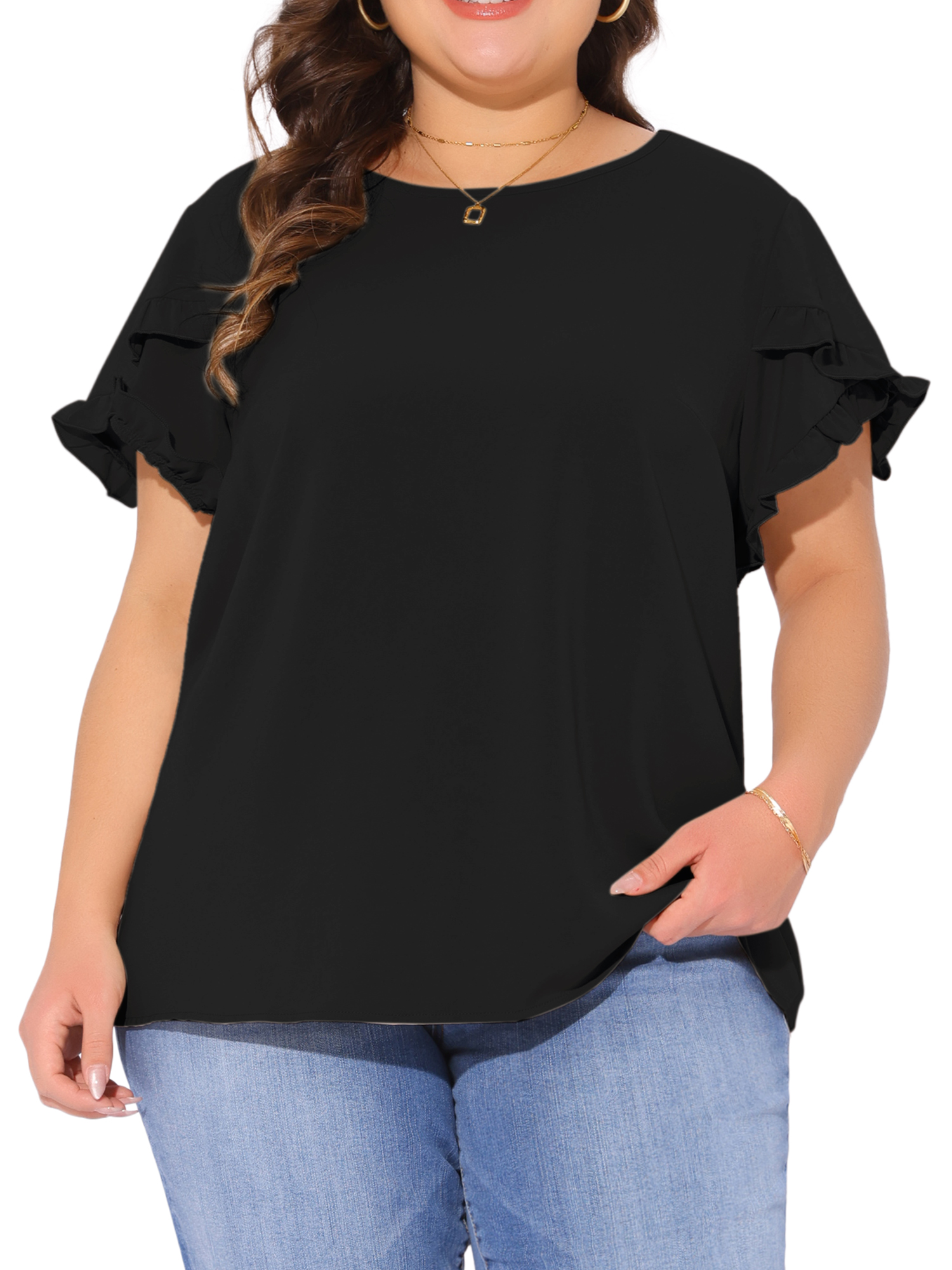 DARING DIVA Women's Plus Crew Neck Ruffle Blouse 2X Black