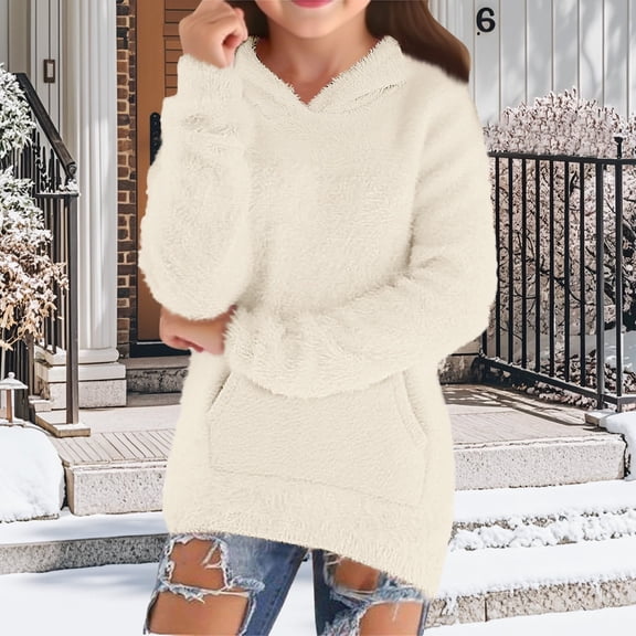 UACY Girls Fuzzy Fleece Sherpa Pullover Hoodie Sweatshirt V Neck Solid Color Fluffy Coat Pockets Cozy Warm Winter Outwear Kids Clothes (Beige, 15-16 Years)