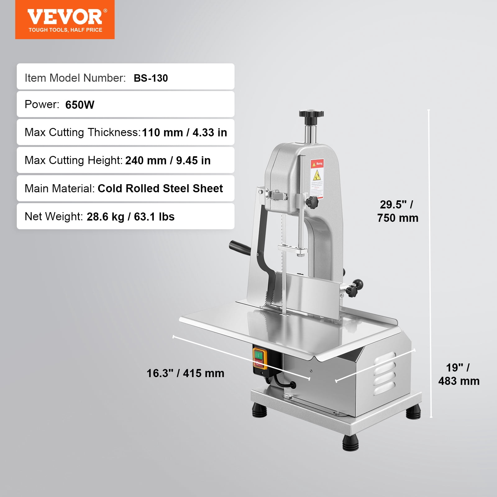 VEVOR Commercial Electric Meat Bandsaw, 650W Stainless Steel Countertop Meat Sawing Machine, Workbench 12.4" x 18.1", 4.33 Inch Max Cutting Thickness, Frozen Fish Cutter for Rib Pork Beef