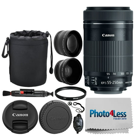 Canon EF-S 55-250mm F4-5.6 IS STM Lens for Canon SLR Cameras + 58mm 2X Professional Telephoto & High Definition 58mm Wide Angle Lens + UV Filter + 6” Lens Pouch + Cleaning Pen – Full Accessory
