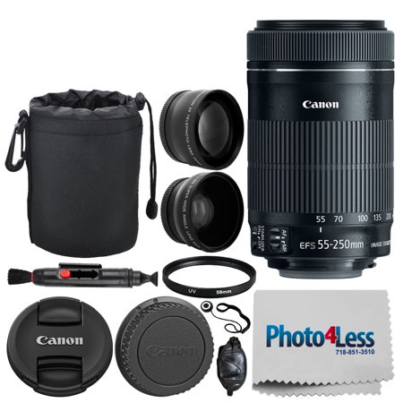 Canon EF-S 55-250mm F4-5.6 IS STM Lens for Canon SLR Cameras + 58mm 2X Professional Telephoto & High Definition 58mm Wide Angle Lens + UV Filter + 6” Lens Pouch + Cleaning Pen – Full Accessory (Best Wide Angle Lens For Canon Full Frame Camera)
