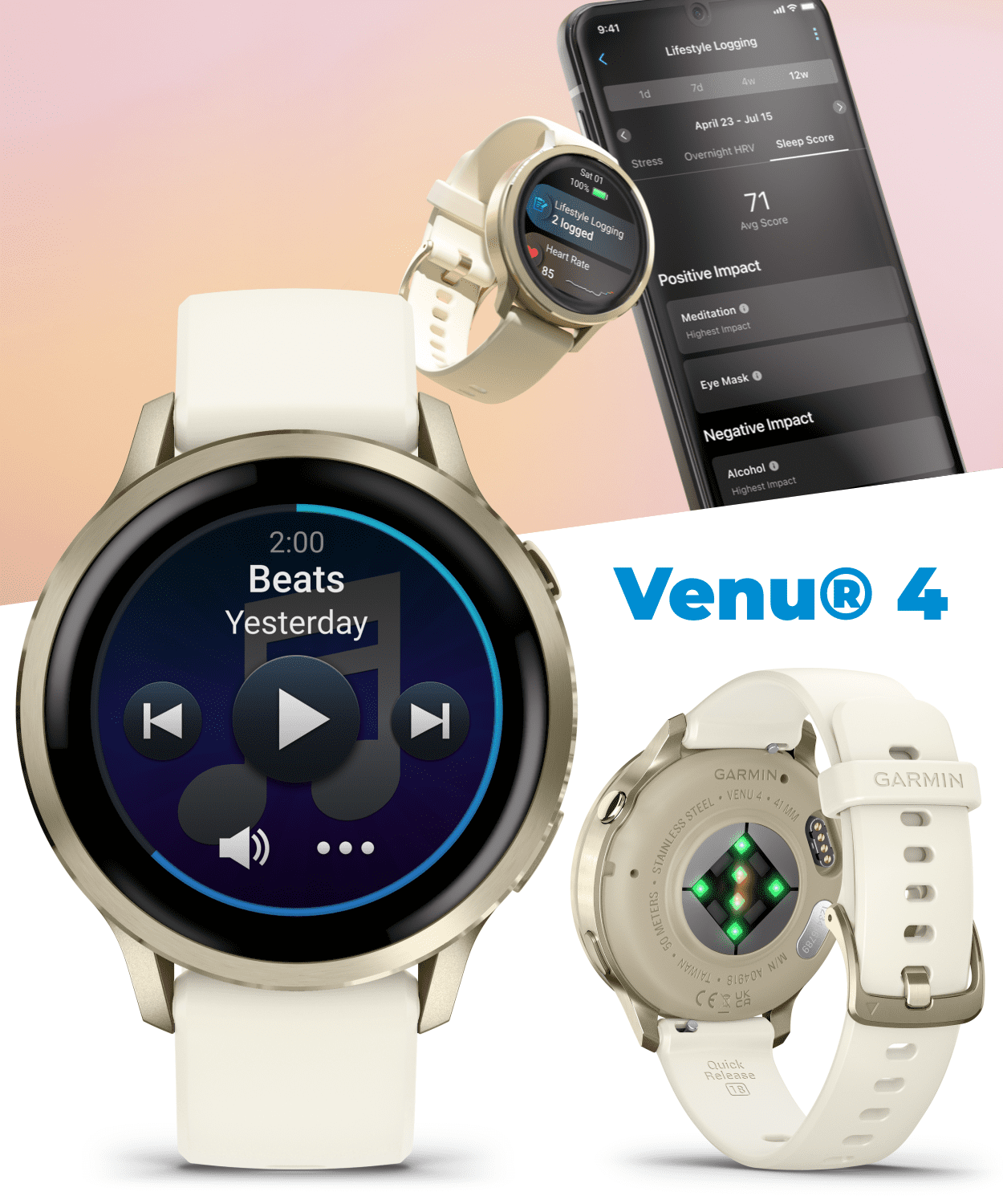 Garmin Venu 4 - 41mm AMOLED Advanced Health & Fitness GPS Smartwatch, Bright & Colorful Display, Flashlight, Up to 10 Days, Lunar Gold w/Bone Silicone Band w/Wearable4U White EarBuds Bundle