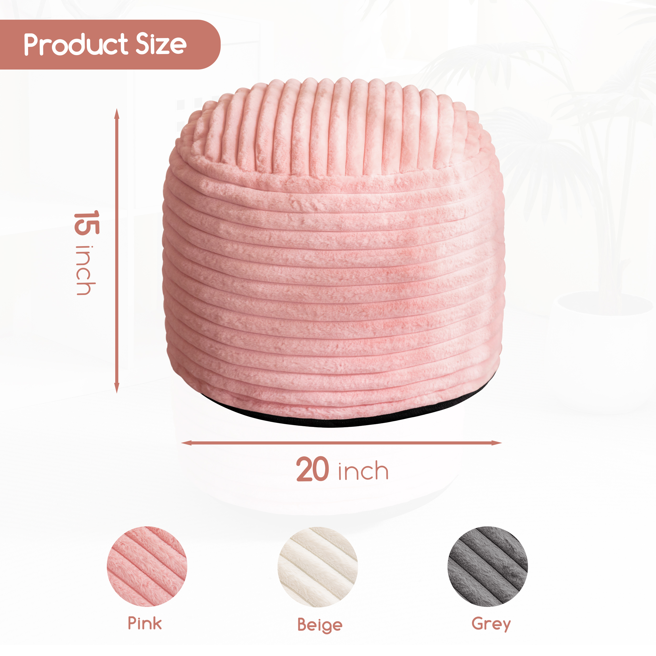 BYBYME Round Plush Striped Ottoman, Pink photo 5