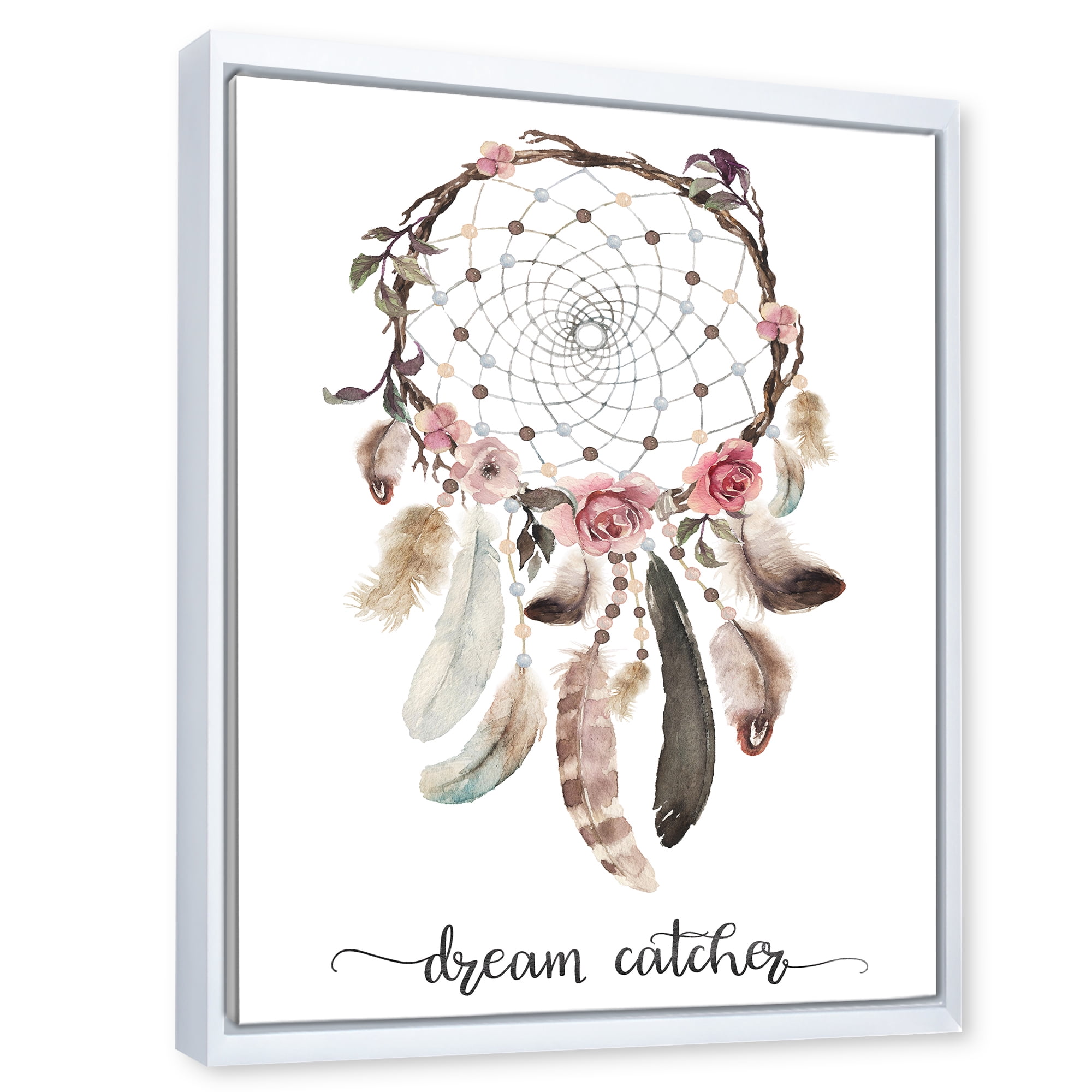 Designart 'Dream Catcher Made With Ethnic Feathers' Bohemian & Eclectic Framed Canvas Wall Art Print