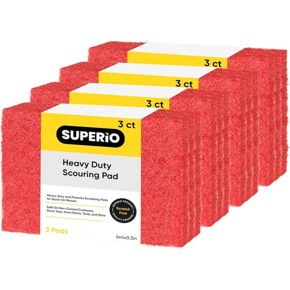 Scouring Pad Non-Scratching Scrubber Non-Scratch Cleaning Scrub Pads Heavy Duty Scouring Pad Reusable Kitchen Scrubbing Pad Pack of 12 Red, by Superio