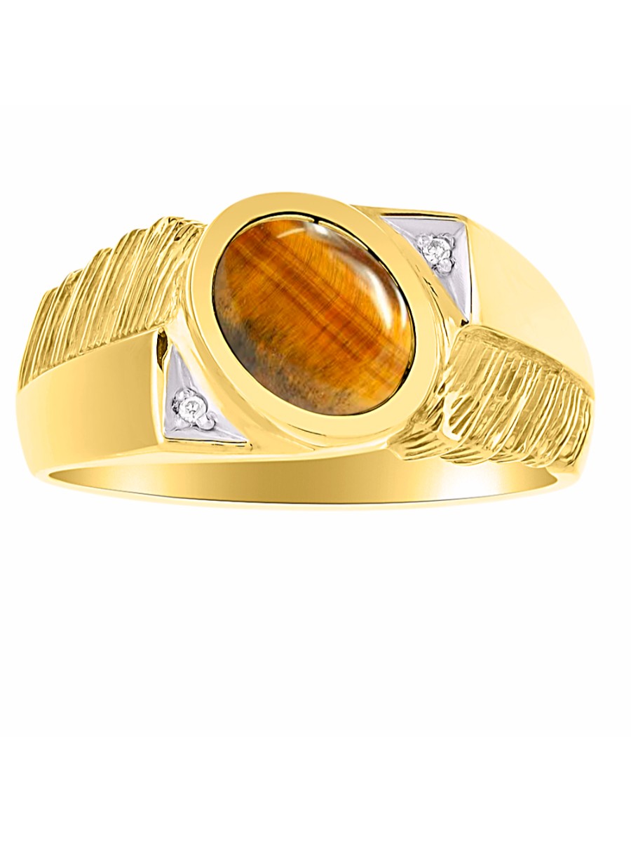 RYLOS Mens Rings 14K Yellow Gold Cabochone Gemstone & Natural Diamond Designer Tiger Eye Rings