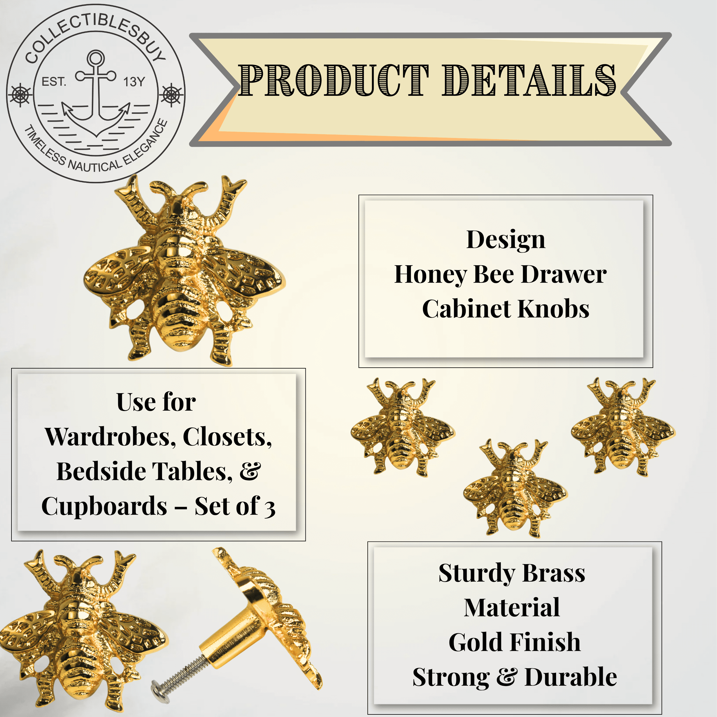 Shiny Brass Honey Bee Cabinet Knob – Golden Drawer Pull for Dresser, Kitchen, Wardrobe & Furniture | Vintage-Style Decorative Handle for Home DIY Decor (Honey Bee Set of 3)