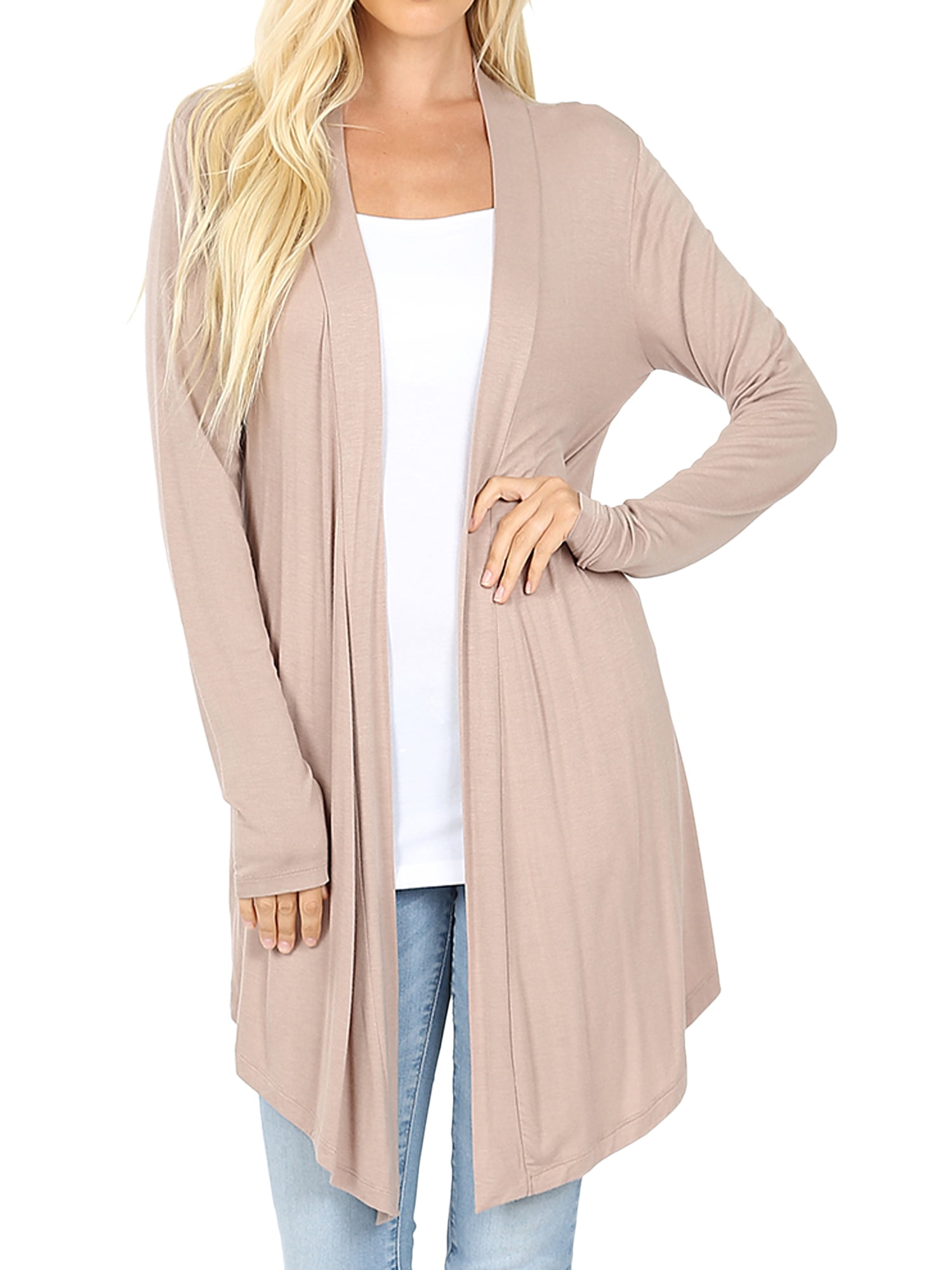 Women & Plus Draped Open Front Long Sleeve Flowy Light Cardigan (Ash