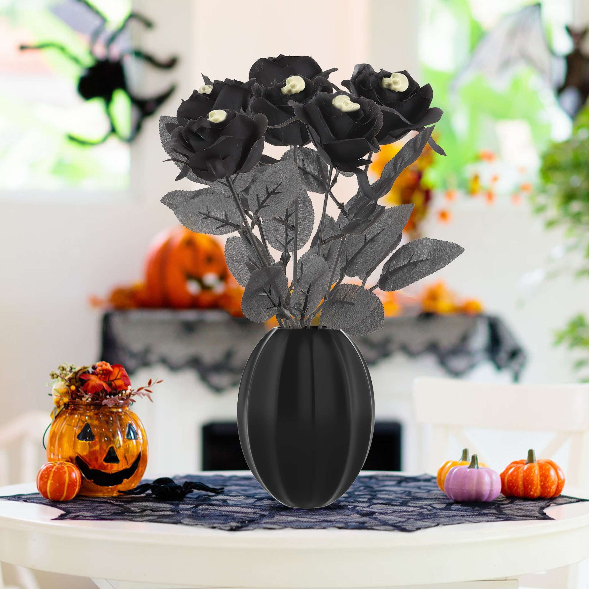 Yebazy 10pack Black Artificial Silk Roses Flowers Fake Silk Rose Bouquets  for Wedding Party Home Decorations Halloween Decoration