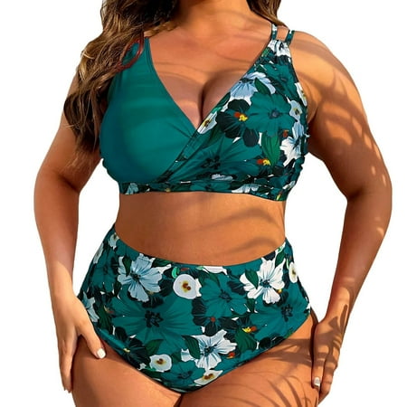 Clearance! Baqcunre Womens High-Waisted Plus Size Floral Monokini with Cutout & Drawstring - One-Piece Swimsuit  1PC Swimsuit+1PC Swim Shorts Green L