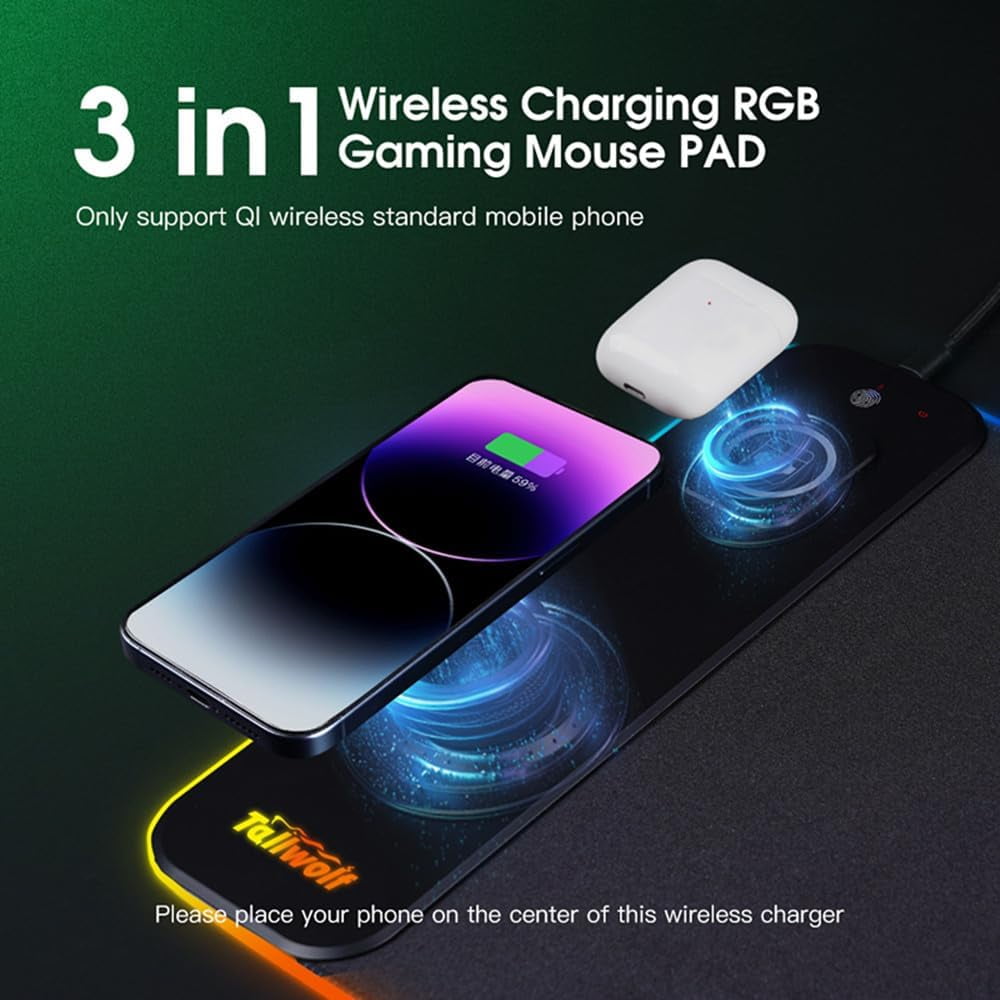XIHAMA 3 in1 Wireless Charging RGB Gaming Mouse PAD, 15W 10 Light Modes, 800*300*4mm LED Magnetic Wireless Charging Mouse, Pad Desk Pad, Illuminated Mouse Pad for Ql Wireless Standard Phones/Watches