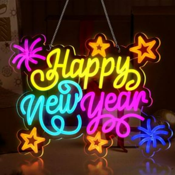 USB Powered Happy New Year LED Wall Sign, Multicolor Acrylic Light Up Decor for Home & Party, Holiday Celebration Decor with Star Accents​