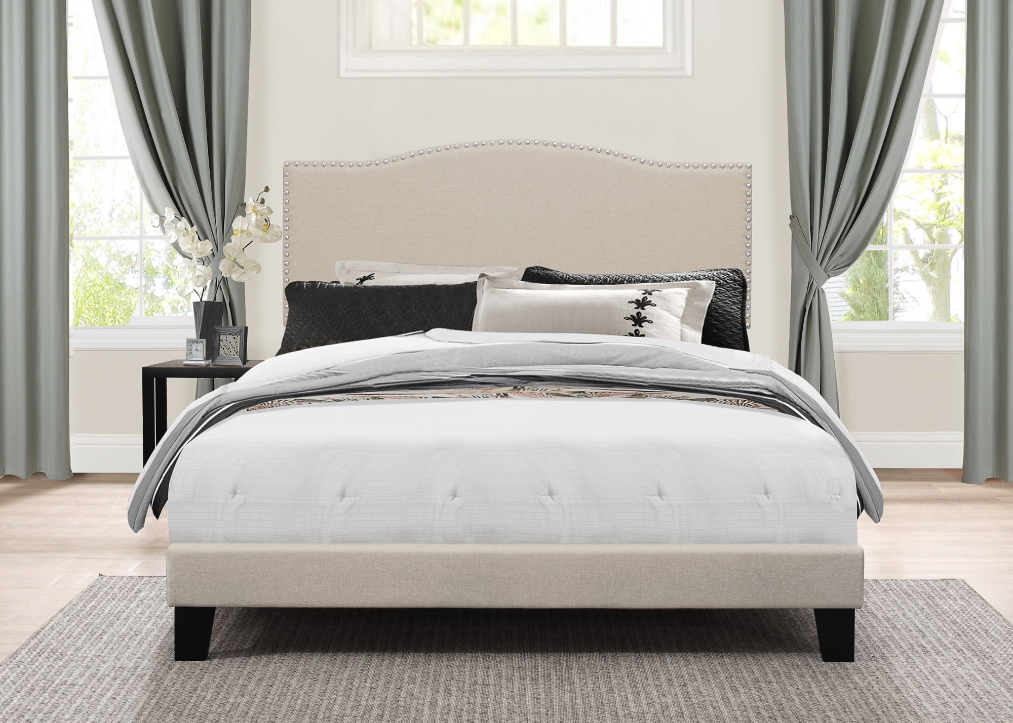 Ember Interiors Upholstered Arched Bed with Nailhead Trim, Linen, King