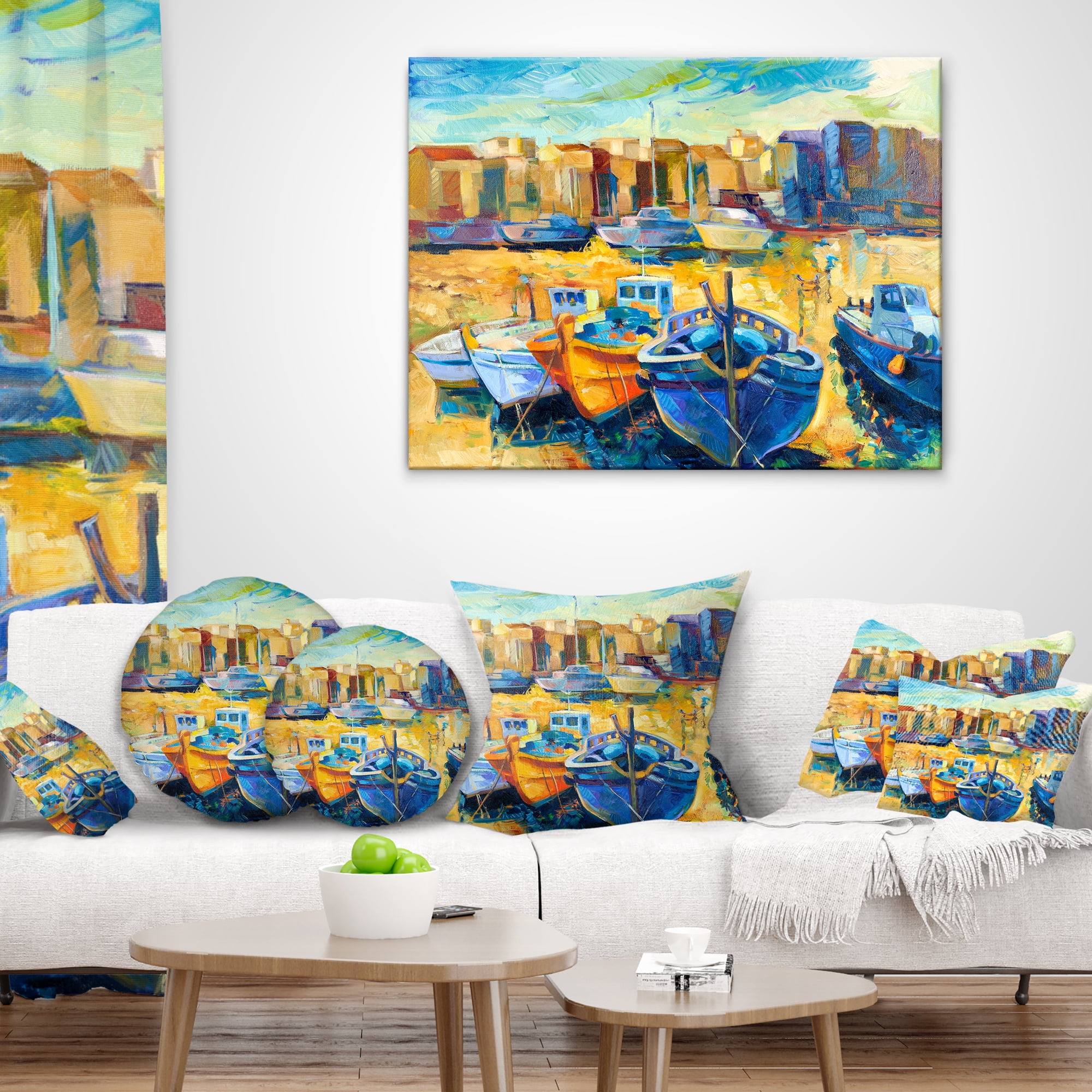 Designart Wharf and Boats - Seascape Throw Pillow - 16x16