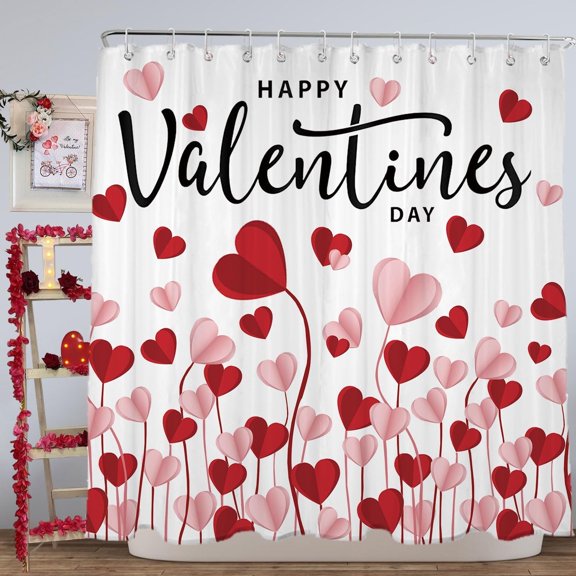 Valentines Day Shower Curtain, 72"X72" Heart Valentine Shower Curtain, Valentines Bathroom Decor, Happy Valentines Day Bathroom Set with Hooks, Cortinas de Baño de San Valentin