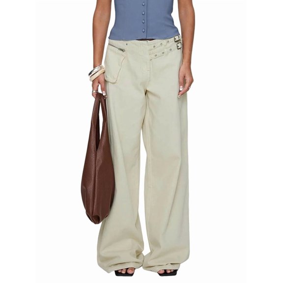 Low Rise Baggy Pants for Women Adjustable Waisted Wide Leg Boyfriend Pants Vintage Straight Loose Trousers Milky White M