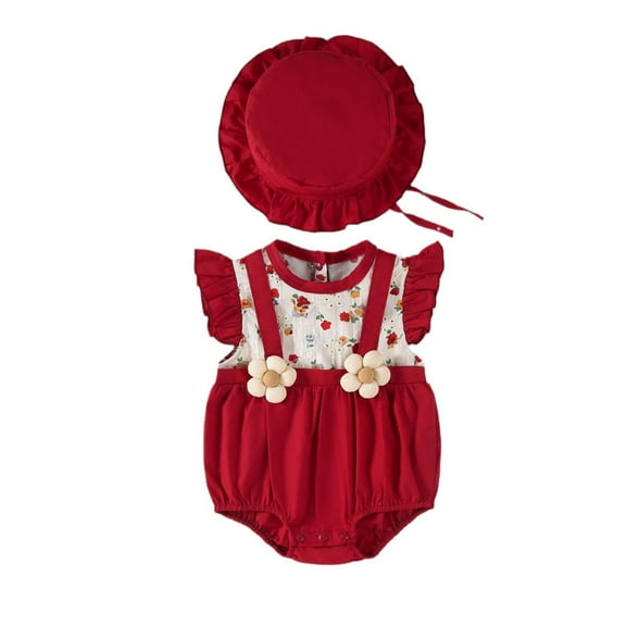 XYIJANI Clearance 6-9 Month Girl Clothes Infant Newborn Baby Summer Romper Fly Sleeve Cute Flower Print Baby Dress with Baby Cap (Red,66)