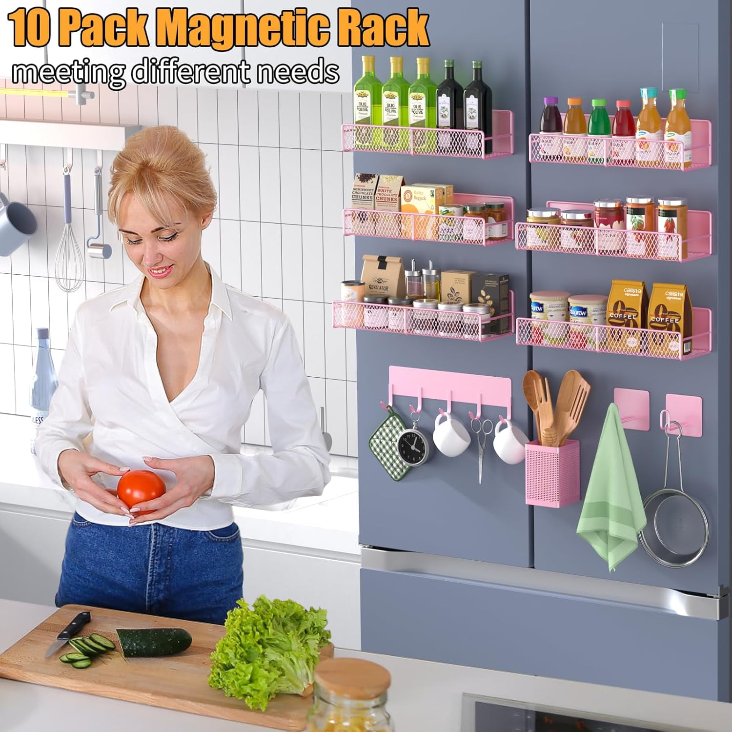 Magnetic Spice Rack for Refrigerator, 10 Pack Metal Magnetic Shelf, Moveable Spice Organizer with Hook Rack, Paper Towel Holder, Kitchenware Holder, Strong Magnetic Storage Fridge Organizer Pink