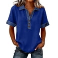 thumbnail image 3 of Womens Denim Collared Casual Shirts Buttons Decor V Neck Dressy Tops Patchwork Splicing Summer Pullover Blue 2XL, 3 of 6