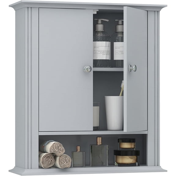 Wall Mounted Bathroom Cabinet Wooden Storage Cabinet with 2 Doors & Adjustable Shelf, Hanging Wall Cabinet Over Toilet, Upper Cabinet Storage Cupboard forBathroom, Kitchen,Laundry Room, Light Grey