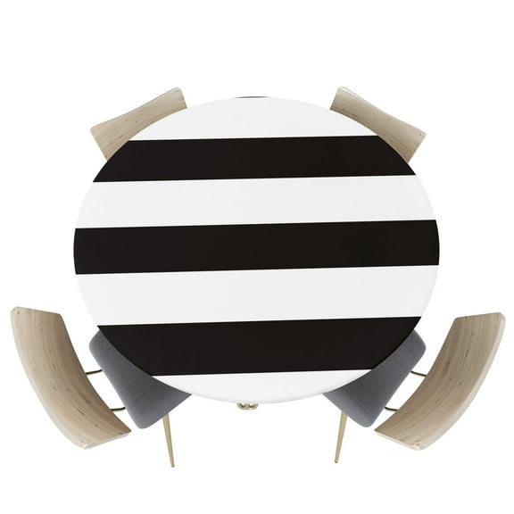 Fitted Round Tablecloths Table Covers 55-60in,Black White Stripes Waterproof Elastic Edged Table Cloth for Kitchen Dining Holiday Party Tables Decor,Modern Minimalist Geometric Art