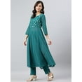 thumbnail image 4 of Janasya Indian Round Neck 3/4 Sleeve Foil Print Teal Green Poly Crepe Kurta With Pant For Women, 4 of 6