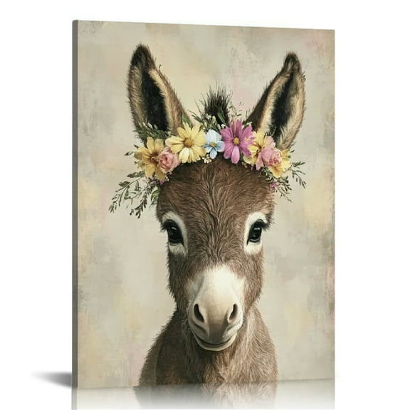 Autua Donkey Flower Crown Wall Decor Canvas Art Print for Living Room Bedroom Home Office, High Resolution Image, Handmade, Waterproof, Tear Resistant, Perfect Gift 12x16 in