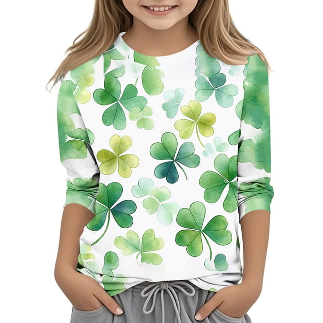 Wo-Fusoul T-Shirt à Enfiler pour Enfants, Taille Moyenne à Grande, Imprimé Décontracté de la Saint-Patrick pour Enfants, Haut à Manches 3/4 à Col Rond, 1 Pce
