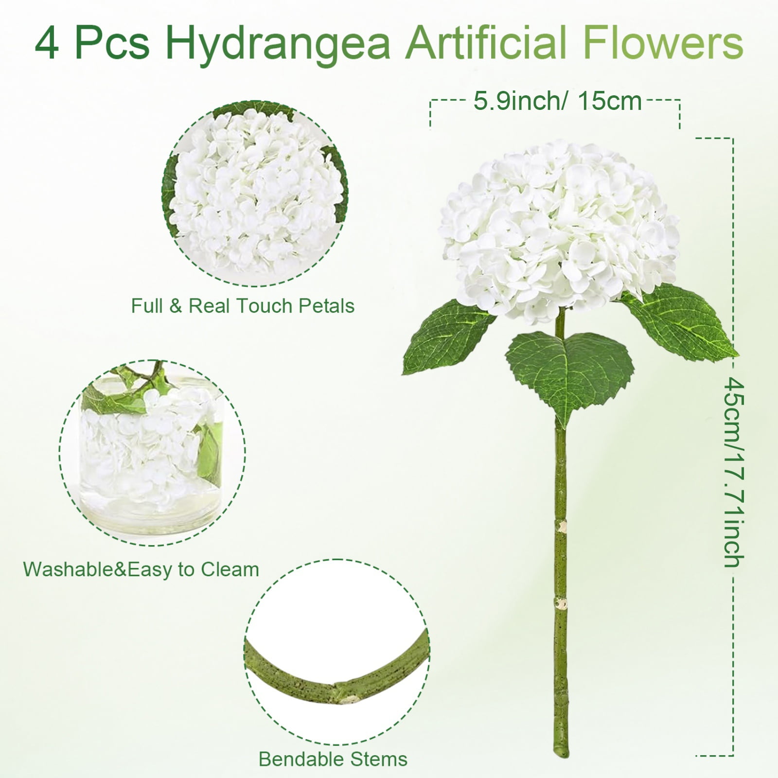 4Pcs Real Touch Hydrangea Artificial Flowers, Fake Hydrangea Flowers, 17" Lifelike Faux Hydrangea Flowers for Wedding Bouquet Home Decor Centerpieces dark green