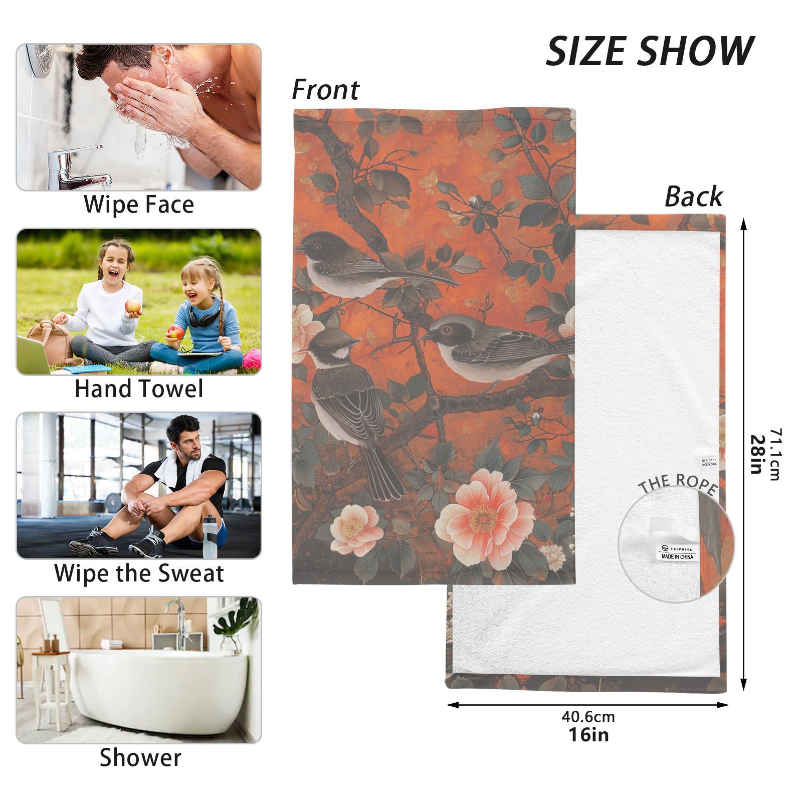 Flowers with Birds Hand Towels Cotton Bath Towels Large Face Towels Absorbent for Bathroom 2 Packs
