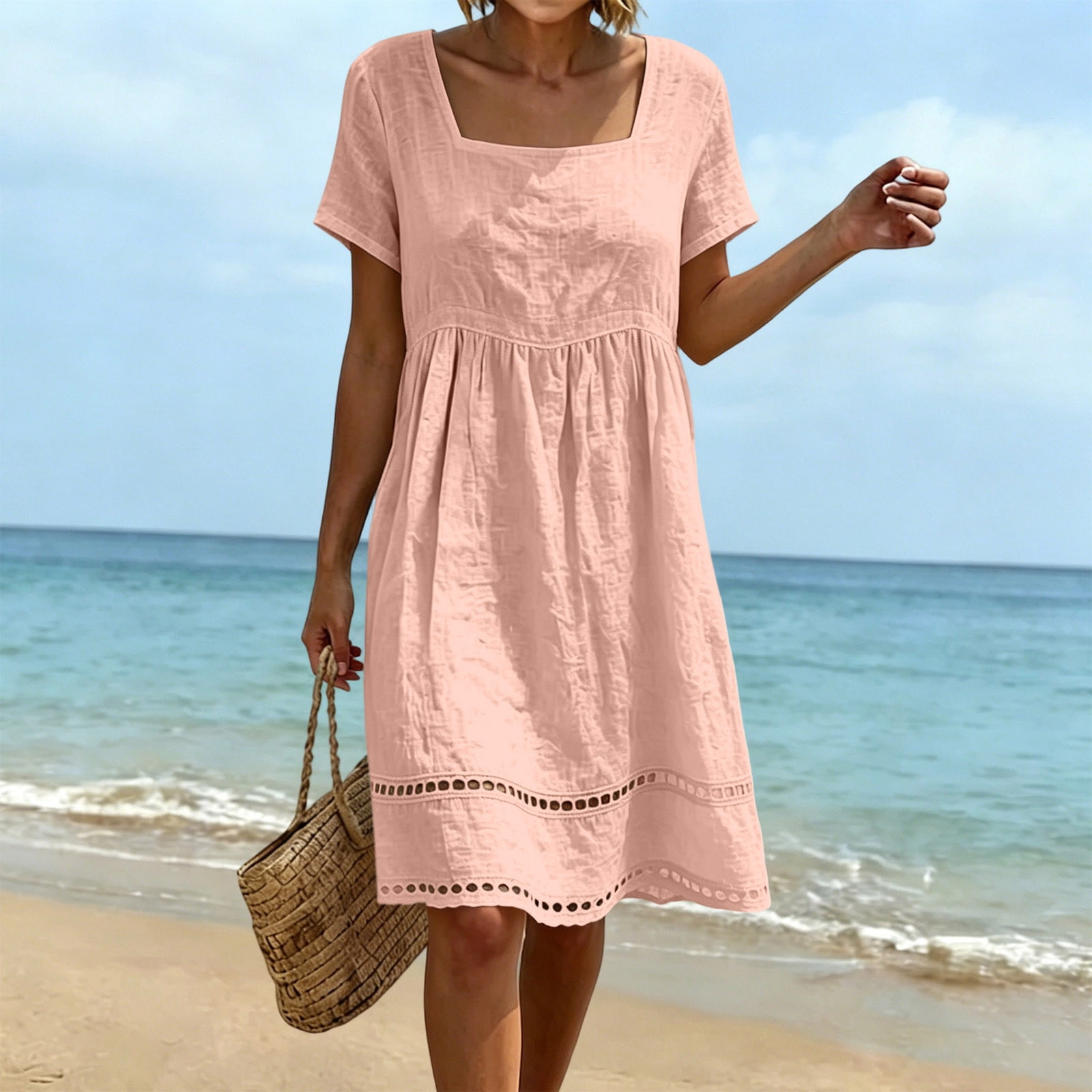 Kojanyu Women's Solid Color Cotton Short Sleeve Square Neckline