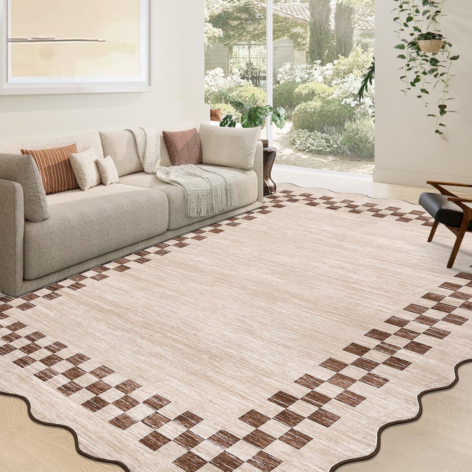 Garvee 9'x12' Scalloped Area Rug, Geometric Neutral Bordered Indoor Rugs Washable Rug Stain-Resistant Low Pile Carpet for Living Room Bedroom Home Decor, Light Camel