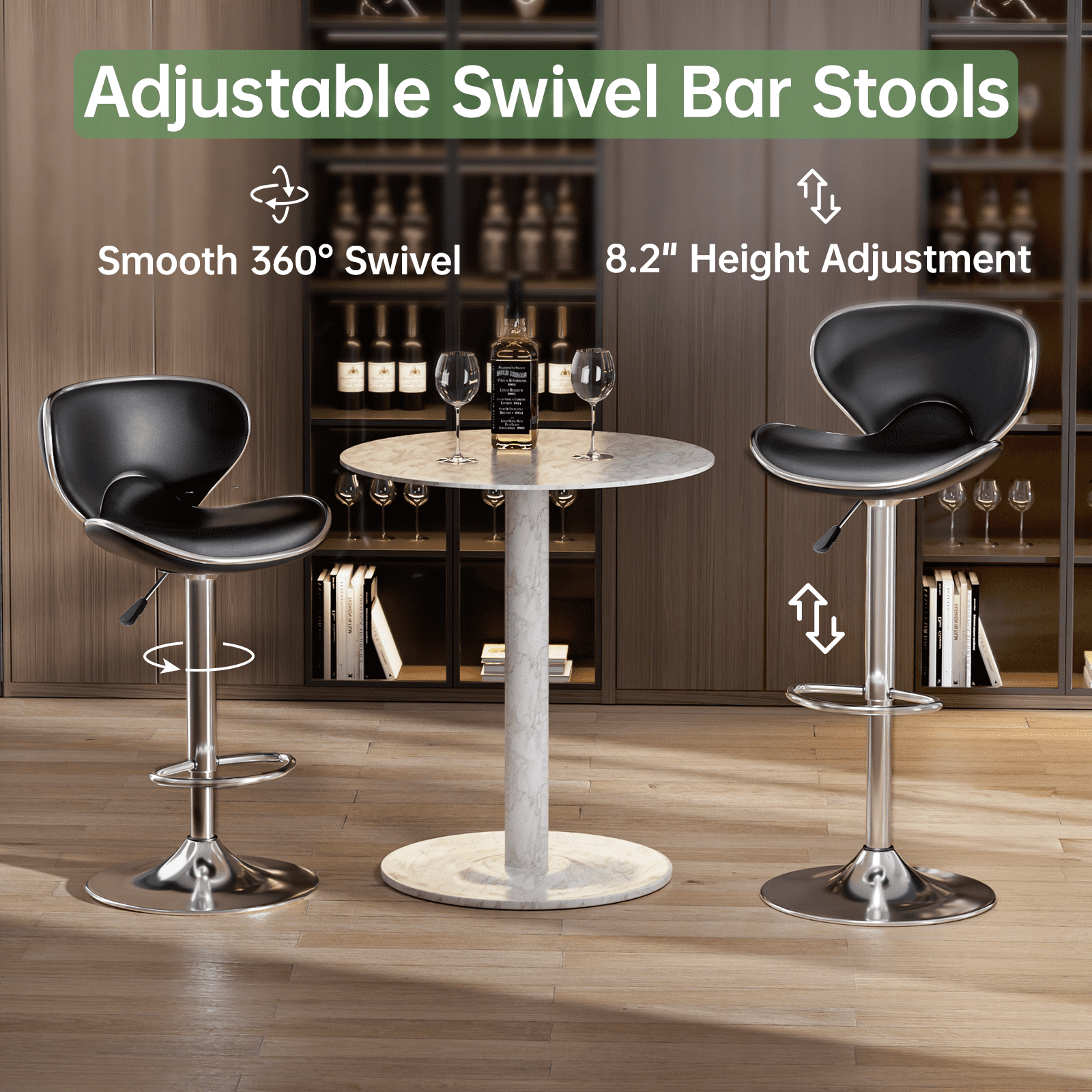 Bar Stools Set of 2, Adjustable Swivel Barstools, Modern PU Leather Counter Height Stools with Back and Footrest for Island, Dining, Bistro, Pub (Black/Silver Base)