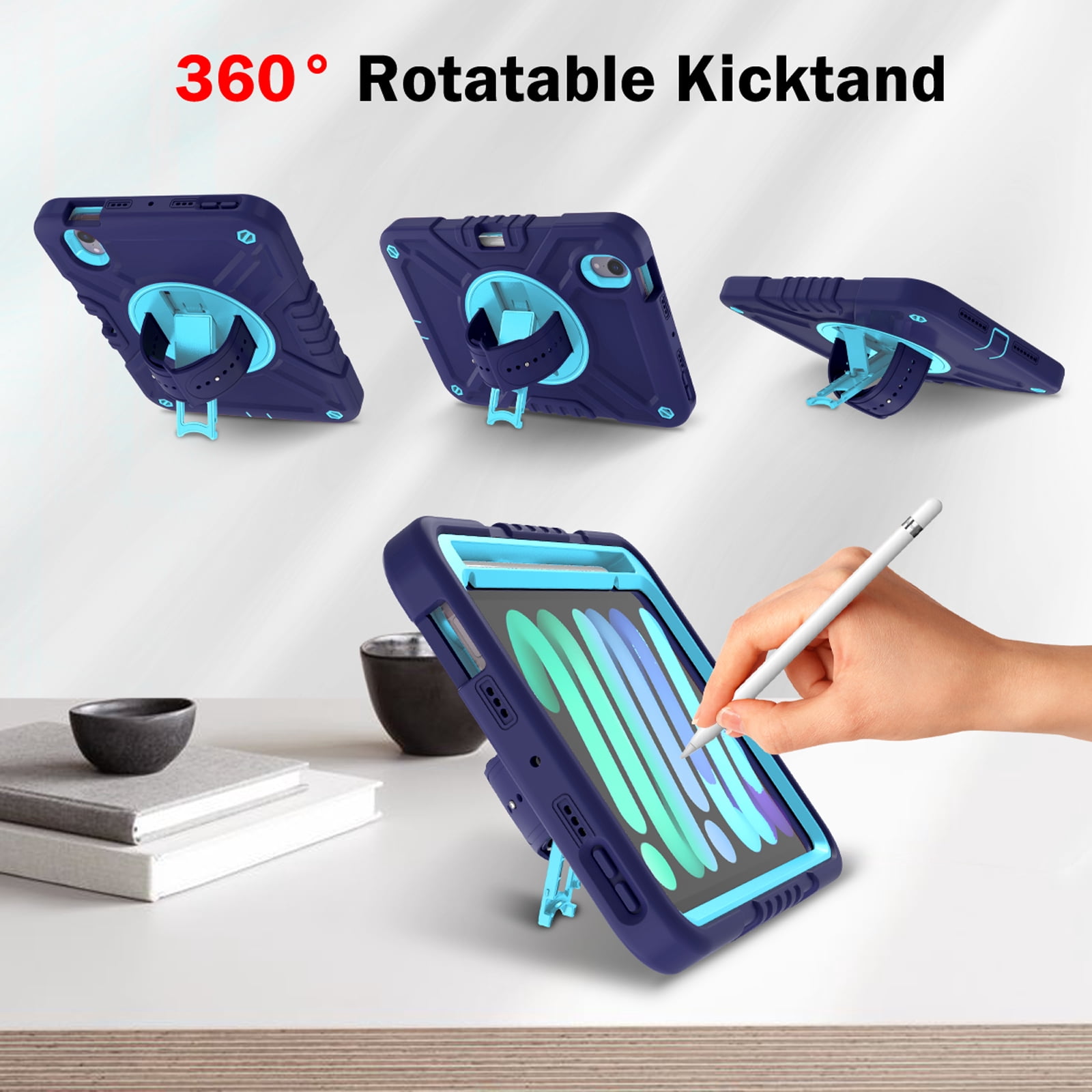 Dteck Case for iPad mini 7 (A17 Pro) 8.3 inch 2024/ iPad mini 6th Generation,Heavy Duty Rugged Drop Proof Shockproof Armor Case with Stand Pencil Holder Hand Strap Shoulder Strap,Navyblue