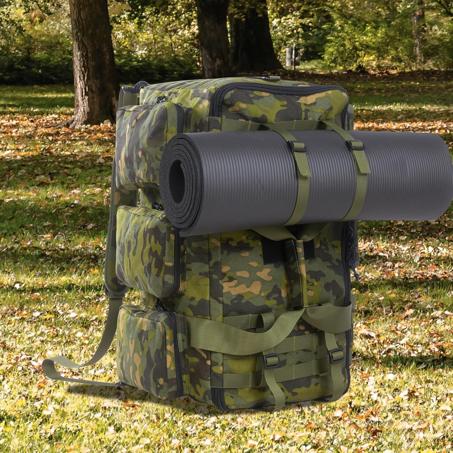 LuckySunDecorQZ 55L luggage bag with compartments and straps, suitable for men, large-sized sports and fitness luggage bag, suitable for weekend travel and camping(Camo Green)
