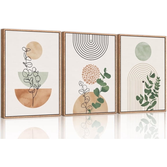Boho Terracotta Green Framed Canvas Wall Art Set, Abstract Bohemian Wall Decor, Mid Century Modern Geometric Wall Painting, Neutral Botanical Art Print Living Room, Bedroom, Office 16"x24"x3