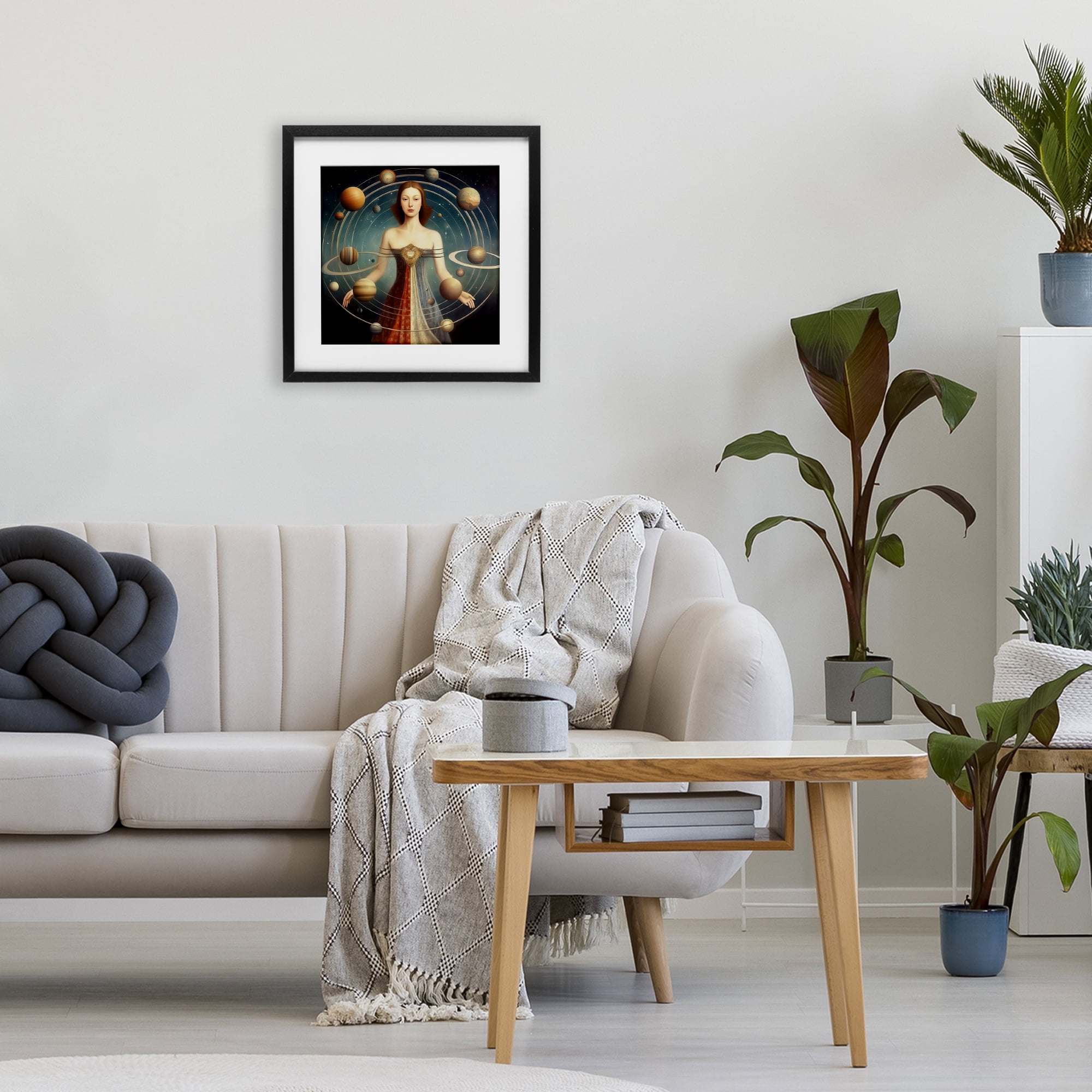 Galactic Orbits Woman Black Framed Print Under Glass, design by Sasha