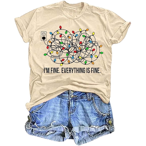 Women Christmas Outfit Women's Casual Holiday Themed Short Sleeve Round Neck Graphic T-Shirt Festive Seasonal Print Tee For Christmas Celebration Comfortable Everyday Wear Beige L