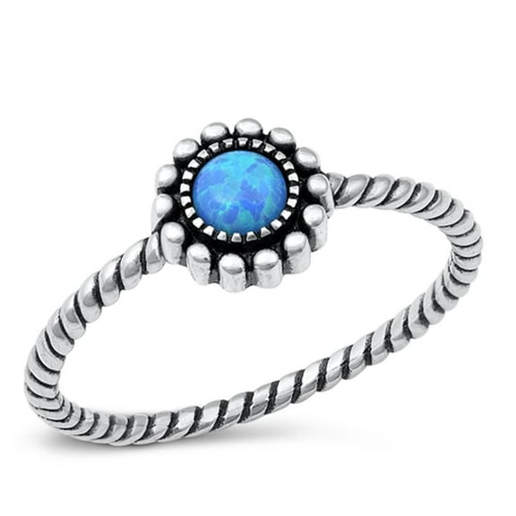 CHOOSE YOUR COLOR Rope Flower Blue Simulated Opal Ring .925 Sterling Silver Band CZ Female Size 7