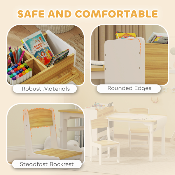 Kids Activity Table Set with 2 Chairs, Paper Roll, 4 Fabric Drawers & Storage Shelves, MDF/Pine Wood, 3-8 Years